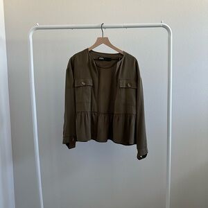 Zara Khaki Open-Ruffle Jacket